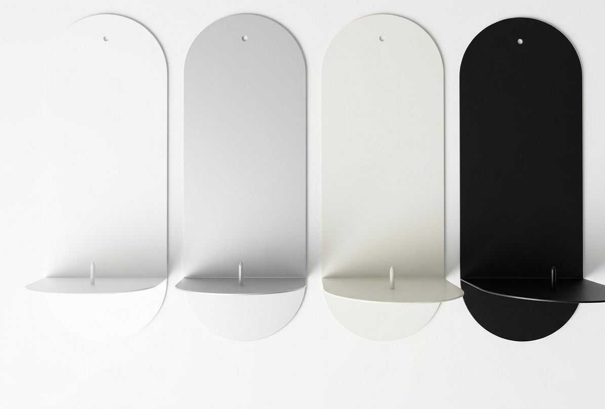 The Oracle wall sconce in all four colours — Black Ink, Bone White, Stone and Mist Grey — on a white background